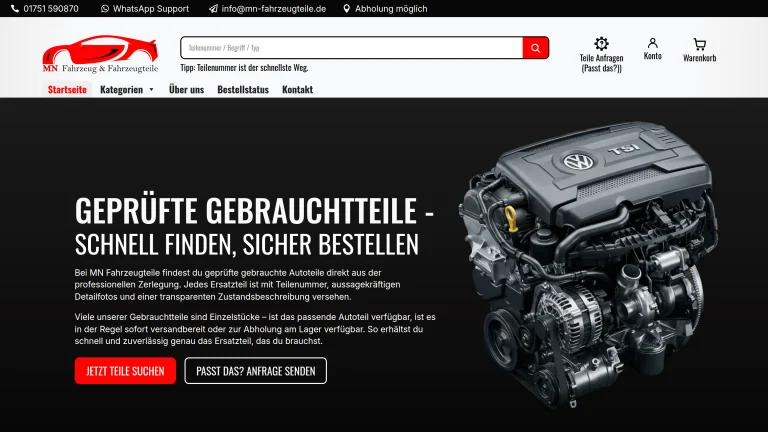 MN Fahrzeugteile – Ansicht des umgesetzten Webprojekts