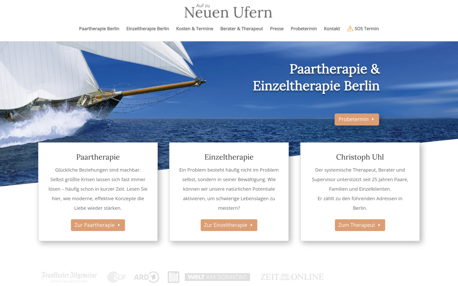 Projektansicht der Website von Auf zu neuen Ufern