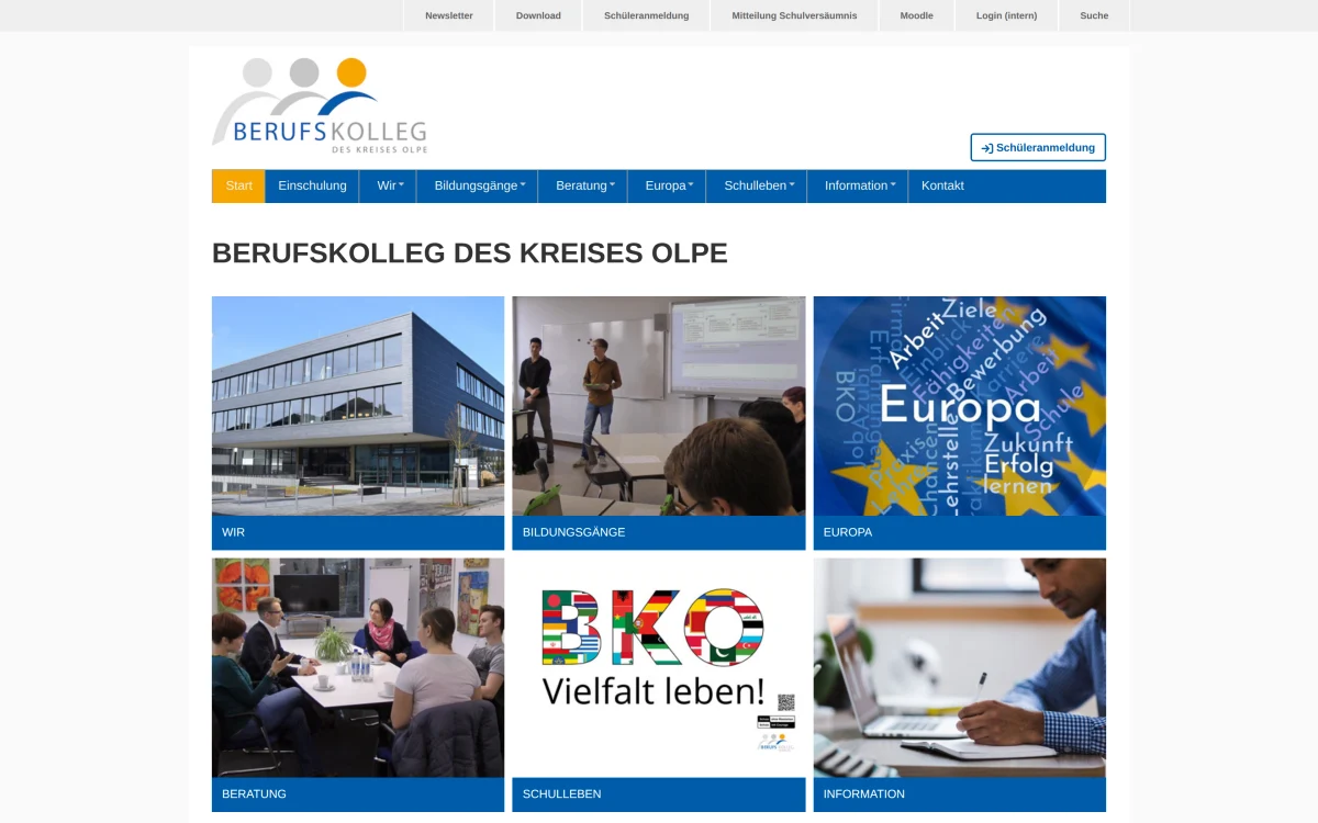 Berufskolleg Olpe: Funktionsleiste, Themen-Navigation und Bild-Einstiege zu den Bildungsangeboten