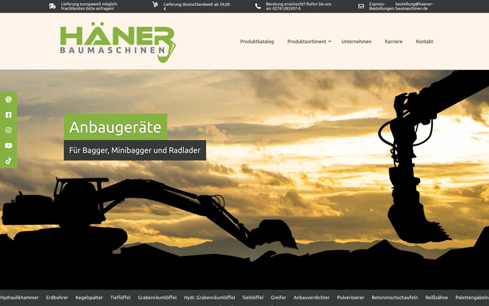 Projektansicht der Website von Häner Baumaschinen