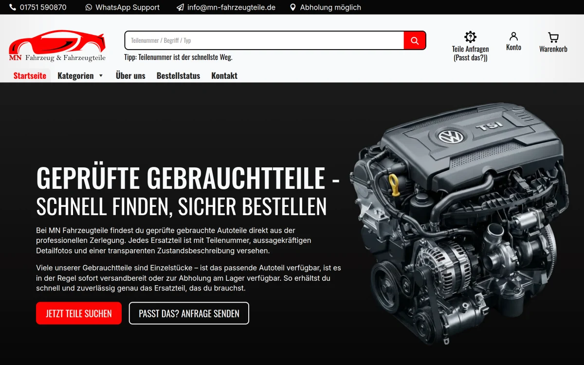 MN Fahrzeugteile: Projektansicht des überarbeiteten WooCommerce-Shops