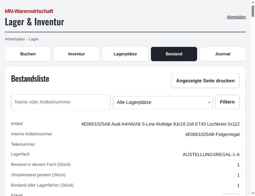 Bestandsverwaltung der MN-Warenwirtschaft mit Artikelsuche, Lagerfach und Bestandsübersicht