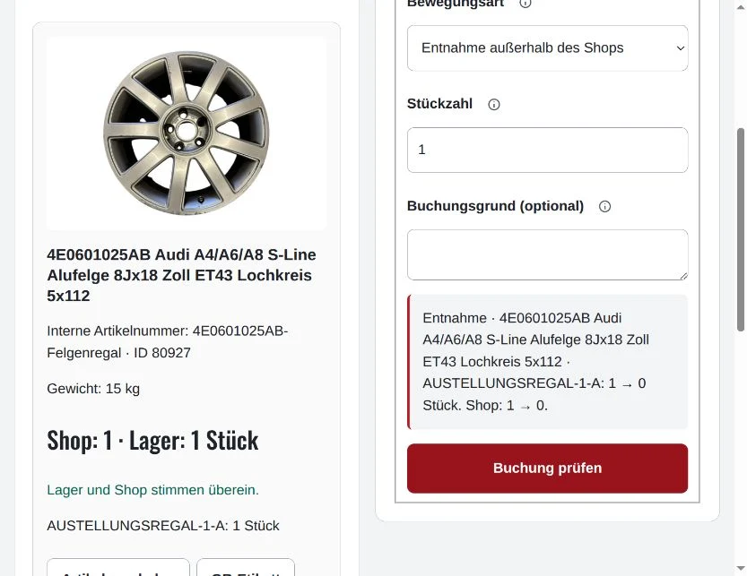 Detailansicht eines Artikels mit Shop- und Lagerbestand neben der Buchungsmaske