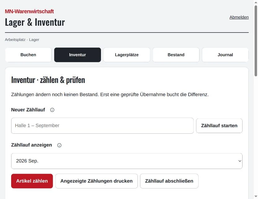 Inventur der MN-Warenwirtschaft mit Zähllauf-Auswahl und Aktionen zum Zählen, Drucken und Abschließen