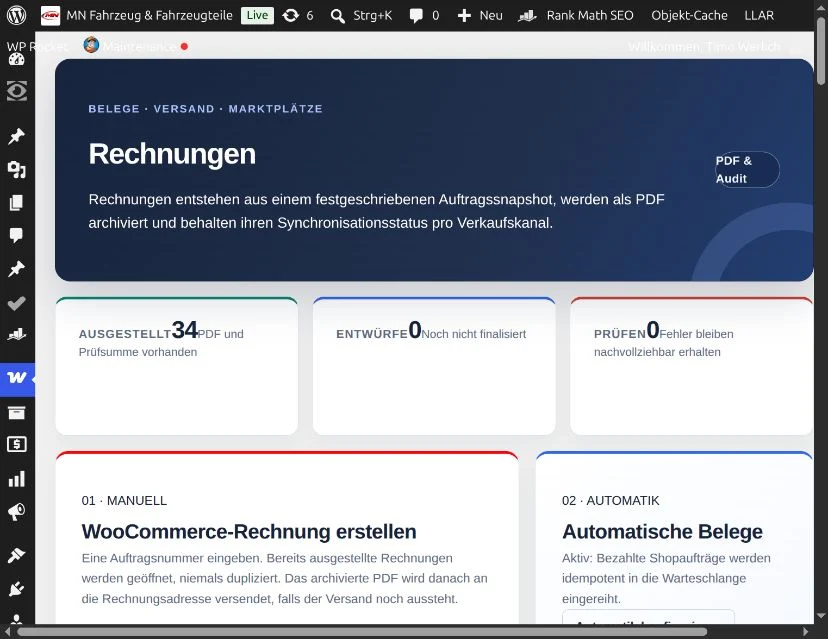 Rechnungsverwaltung in WordPress mit Übersicht der Belege sowie manueller und automatischer Rechnungserstellung