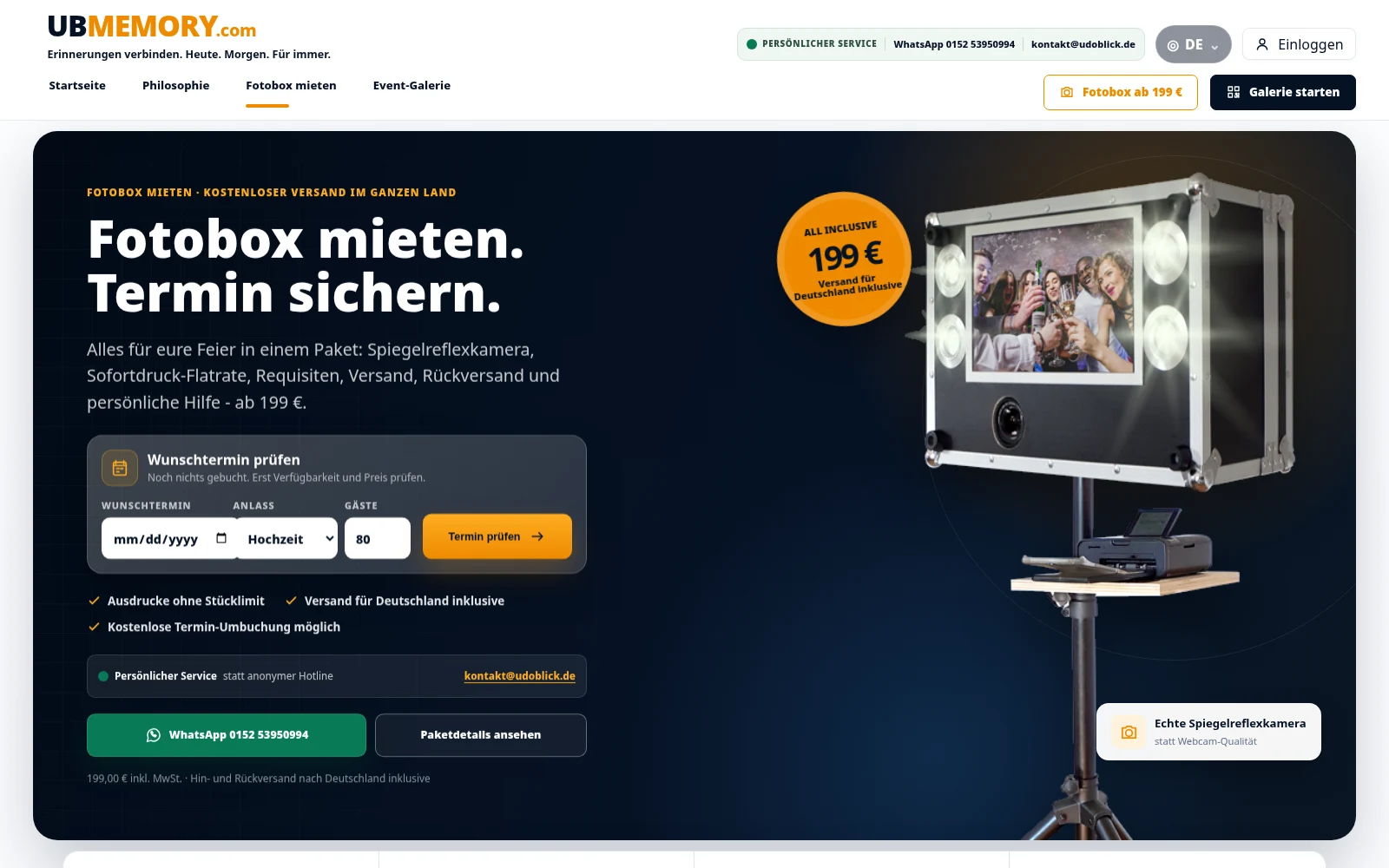 UB Memory: Website des Fotobox-Angebots mit Kamera, Tablet und Sofortdrucker