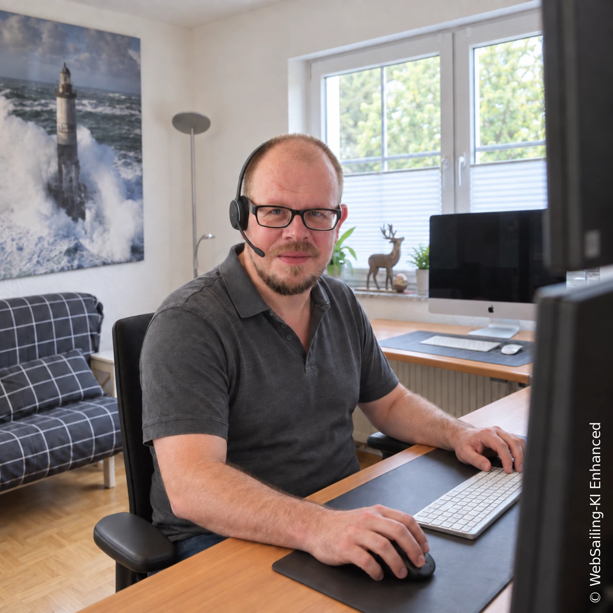 Timo Werlich mit Headset am Eckschreibtisch und Blick in die Kamera