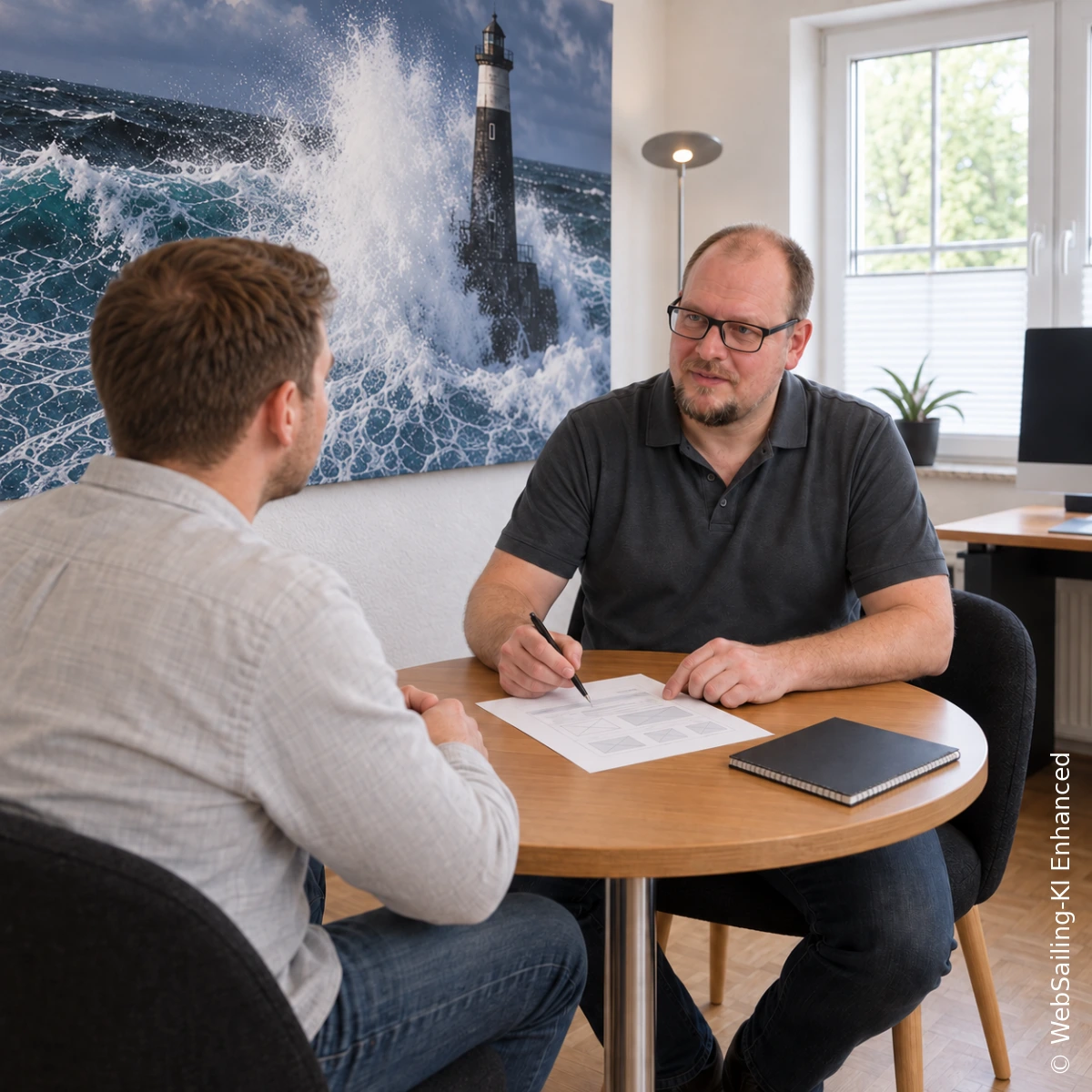 Timo Werlich im Gespräch mit einem Kunden am runden Besprechungstisch unter dem Leuchtturmbild
