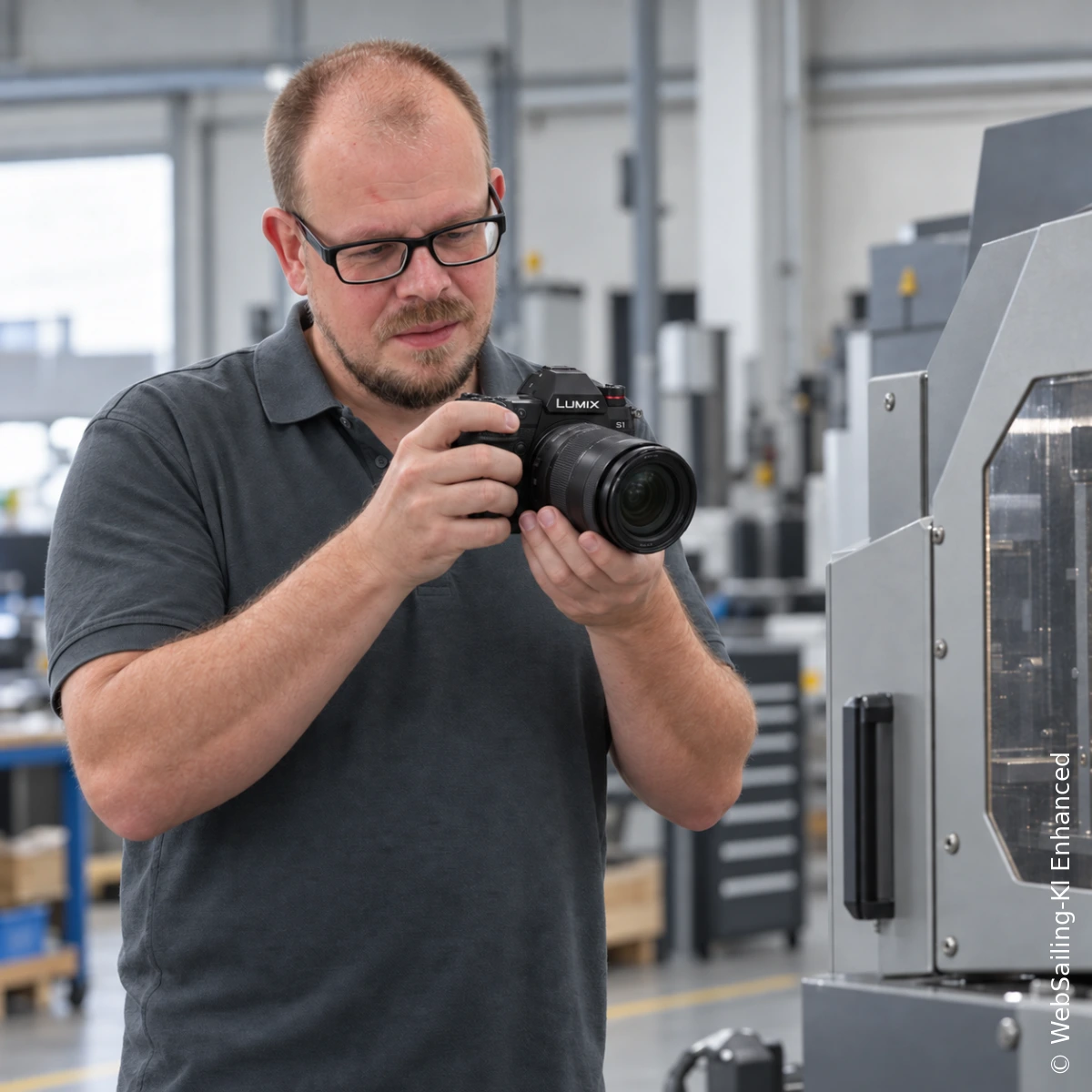 Timo Werlich mit einer Lumix S1 vor einer technischen Anlage