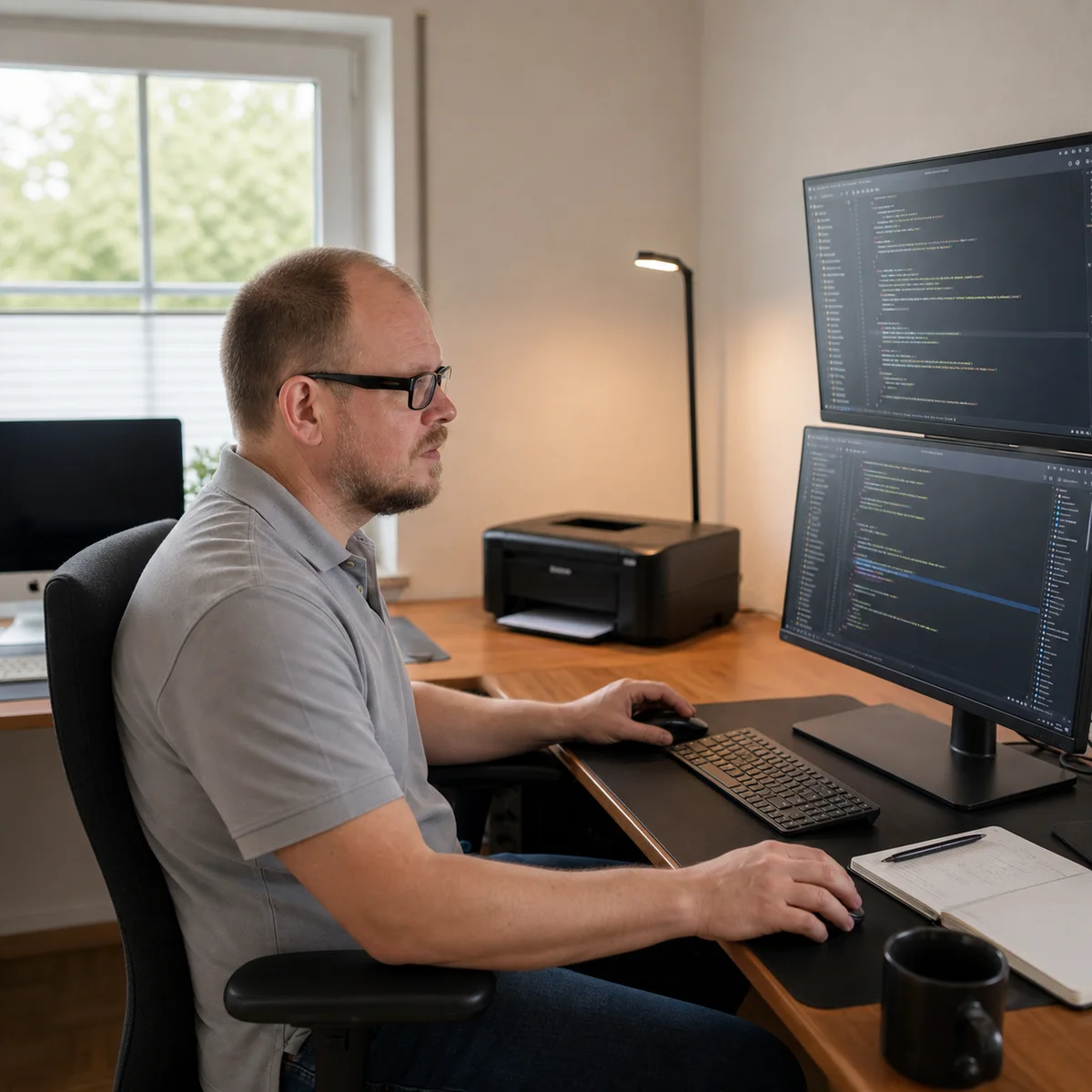 Timo Werlich arbeitet konzentriert an einem CMS-Problem in VS Code an zwei Bildschirmen