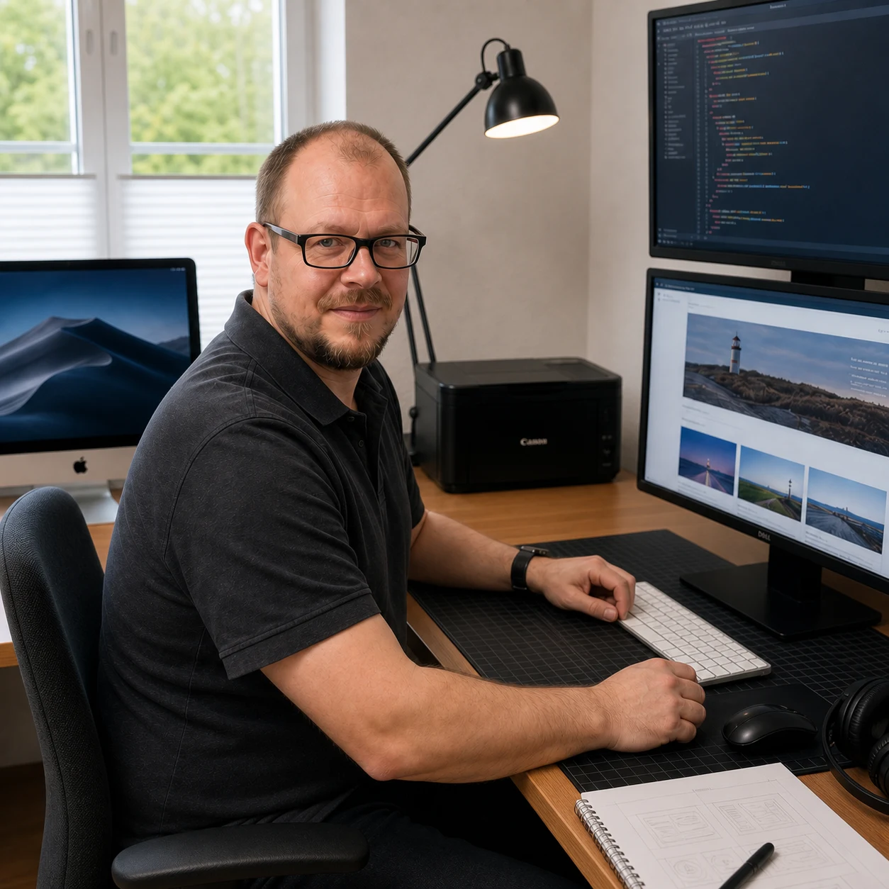 Timo Werlich programmiert eine WordPress-Website am Mac mit Doppelmonitor