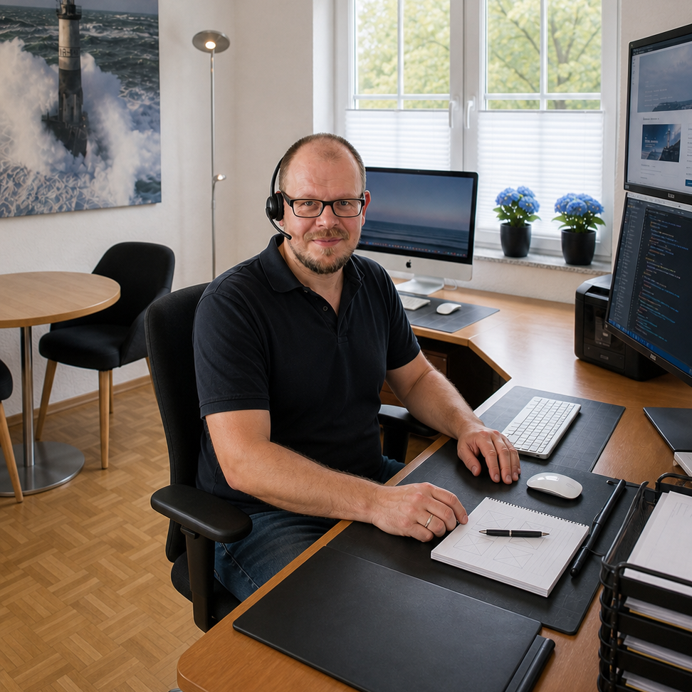 Timo Werlich mit Headset im aufgeräumten Büro von Websailing